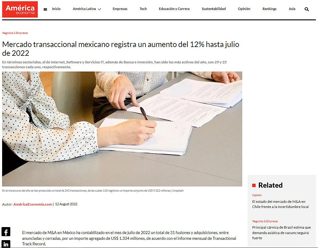 Mercado transaccional mexicano registra un aumento del 12% hasta julio de 2022